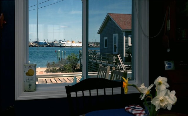 interior space featuring a water view