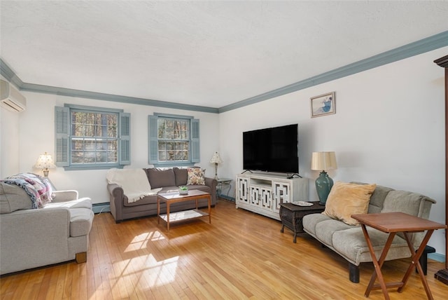 living room with light wood-style flooring, ornamental molding, a wall mounted air conditioner, a textured ceiling, and a baseboard heating unit