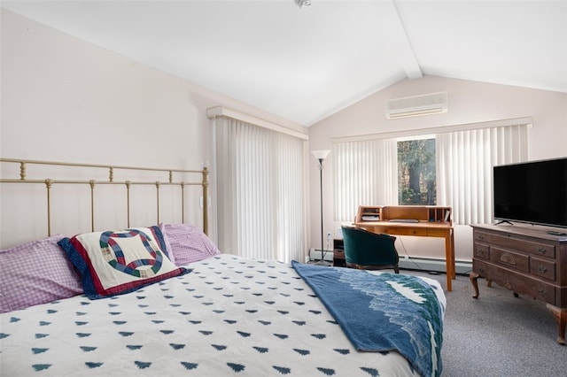 bedroom with lofted ceiling with beams, a baseboard radiator, a baseboard heating unit, carpet flooring, and a wall mounted AC