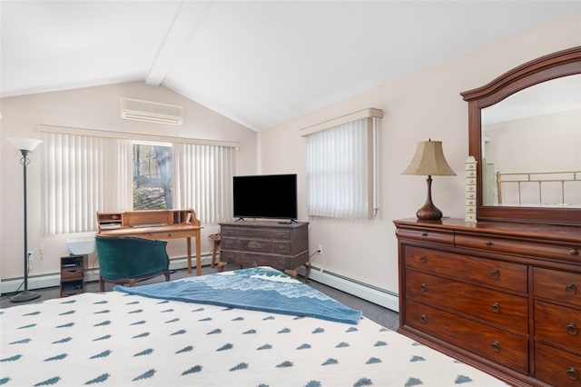 bedroom featuring lofted ceiling, carpet flooring, a wall mounted air conditioner, and baseboard heating