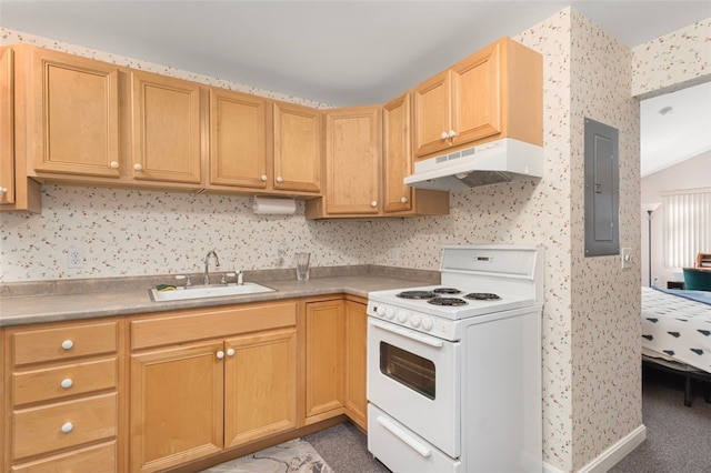 kitchen featuring under cabinet range hood, electric range, a sink, electric panel, and wallpapered walls