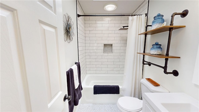 bathroom with toilet and shower / tub combo with curtain