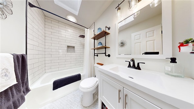 bathroom with vanity, toilet, and shower / bathtub combination with curtain