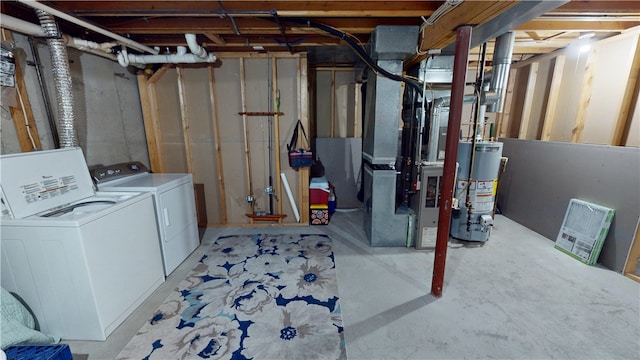 unfinished basement featuring washer and dryer and gas water heater