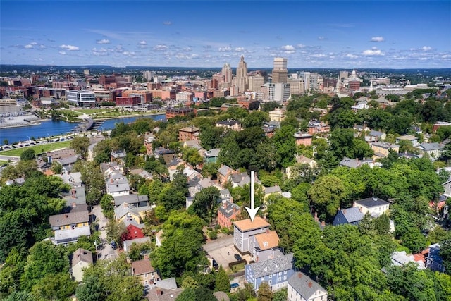 aerial view with a view of city and a water view