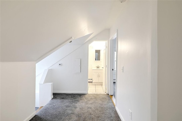 additional living space with lofted ceiling, baseboard heating, carpet, and baseboards