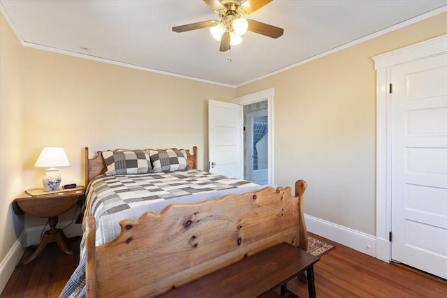 bedroom with ceiling fan, baseboards, wood finished floors, and ornamental molding