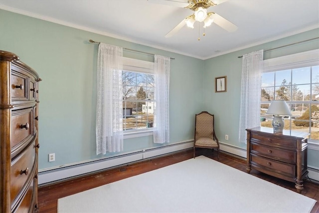 living area featuring dark wood-type flooring, a baseboard radiator, and ceiling fan