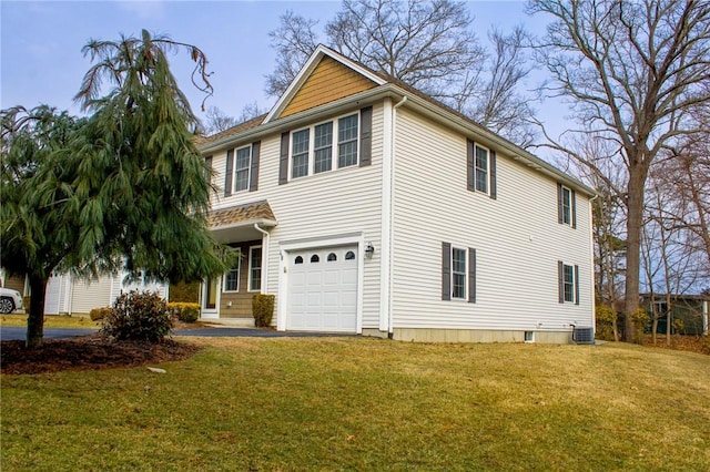 view of home's exterior featuring a garage, central AC, and a lawn