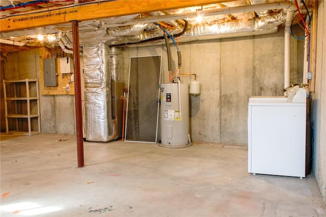 unfinished below grade area featuring water heater, independent washer and dryer, and electric panel