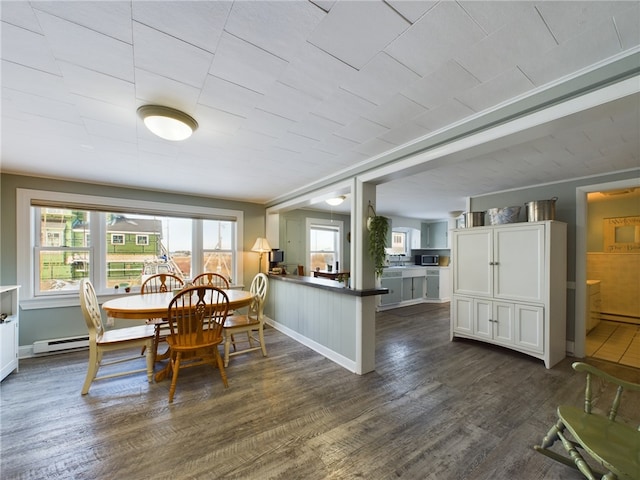 dining space with dark wood-type flooring, a baseboard radiator, and baseboards