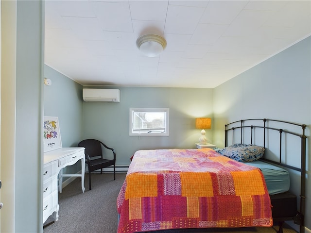 carpeted bedroom with a baseboard heating unit and an AC wall unit