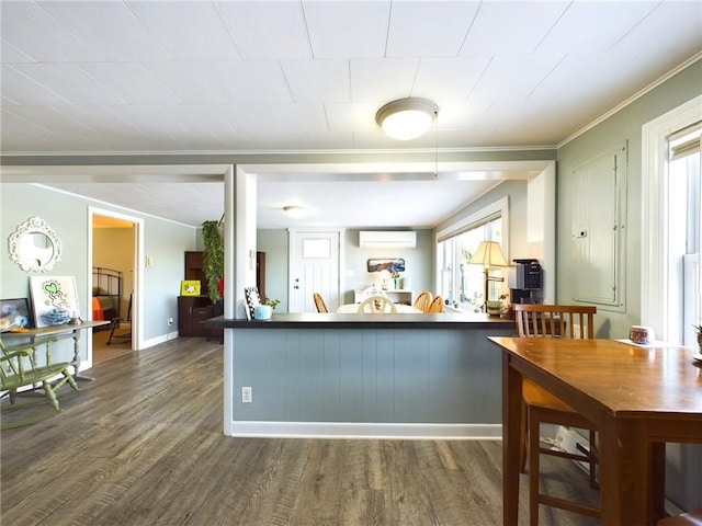 kitchen featuring dark wood-type flooring, a healthy amount of sunlight, and a wall unit AC