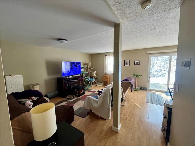 living area featuring light wood-style floors, baseboards, and a textured ceiling