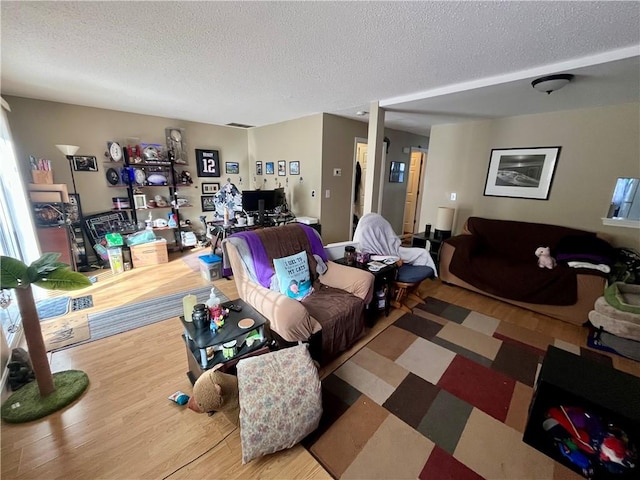 living room featuring a textured ceiling and wood finished floors