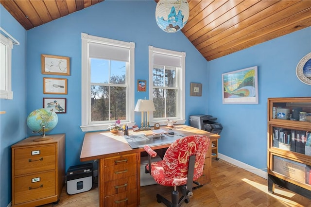 home office with lofted ceiling, wood ceiling, baseboards, and wood finished floors