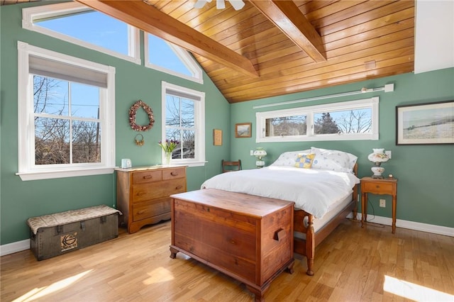 bedroom with light wood-style flooring, multiple windows, lofted ceiling with beams, and baseboards