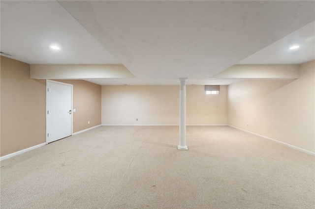 basement with recessed lighting, carpet flooring, and baseboards