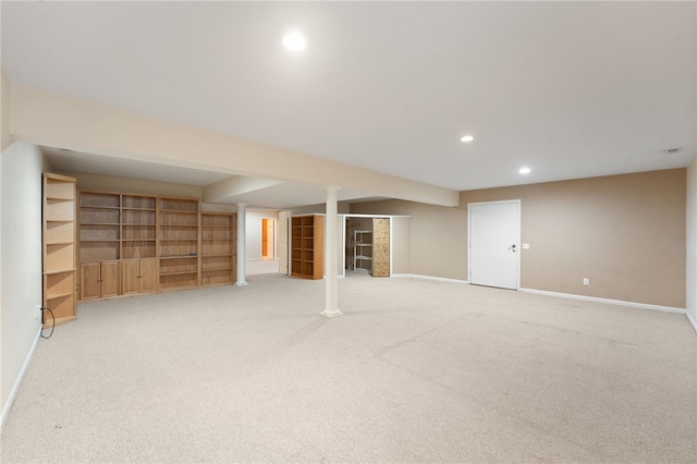 finished below grade area featuring baseboards, carpet flooring, and recessed lighting