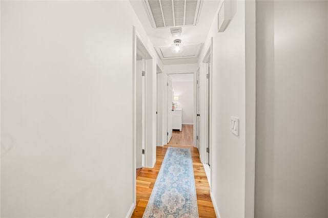 corridor with baseboards, attic access, visible vents, and light wood-style floors