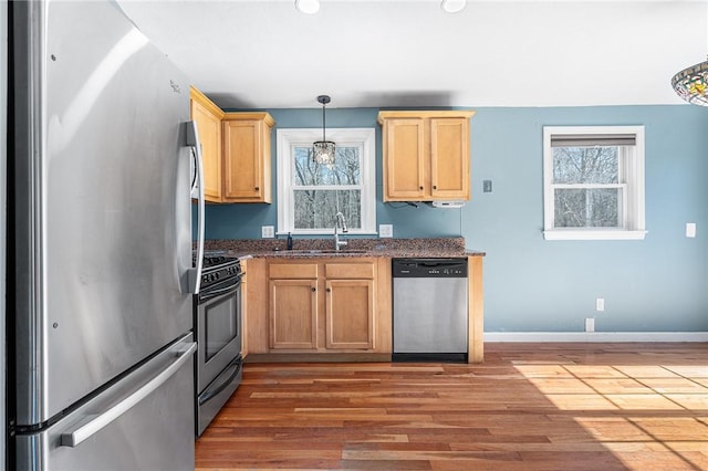 kitchen featuring a healthy amount of sunlight, appliances with stainless steel finishes, a sink, and wood finished floors