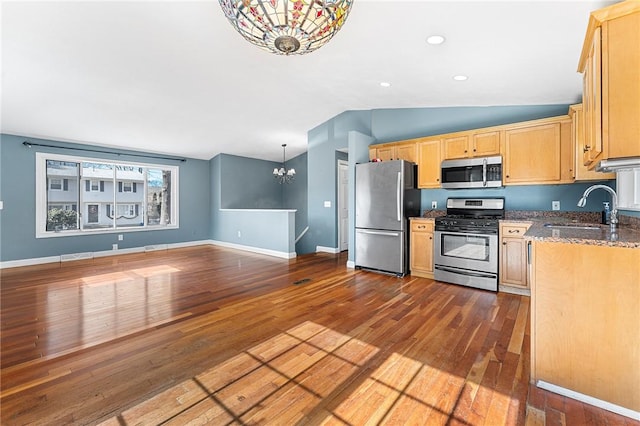 kitchen with lofted ceiling, appliances with stainless steel finishes, a sink, and dark wood-style floors