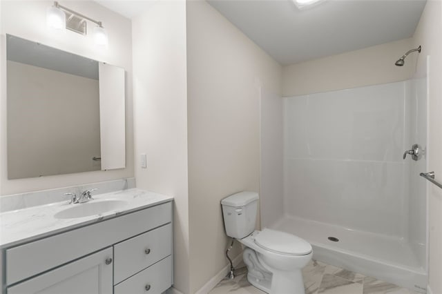 full bathroom with baseboards, walk in shower, toilet, marble finish floor, and vanity