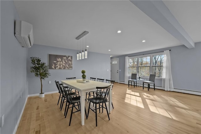 dining room with recessed lighting, light wood-style flooring, a wall mounted AC, beamed ceiling, and baseboards