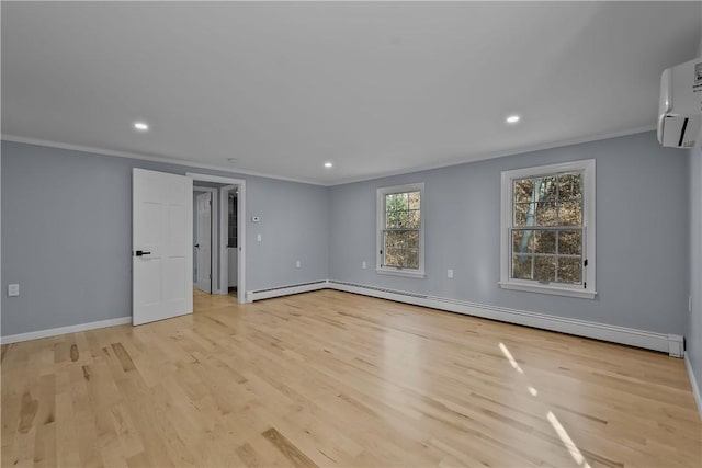 unfurnished room with a baseboard radiator, crown molding, and light wood-style flooring