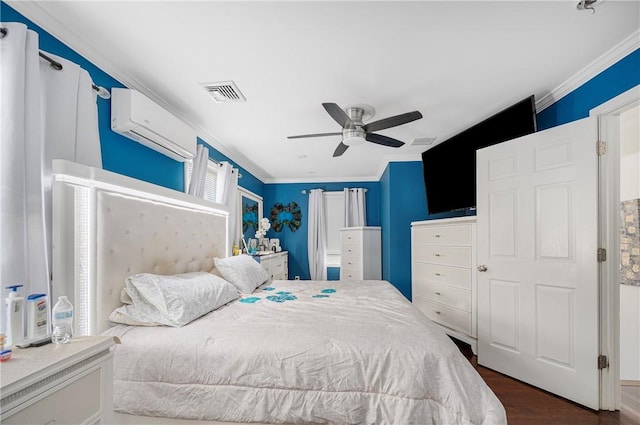 bedroom with dark wood-type flooring, an AC wall unit, visible vents, and crown molding