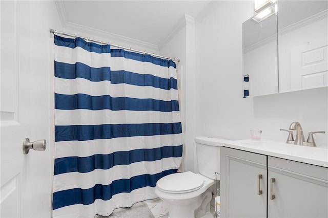 full bathroom with ornamental molding, a shower with curtain, vanity, and toilet