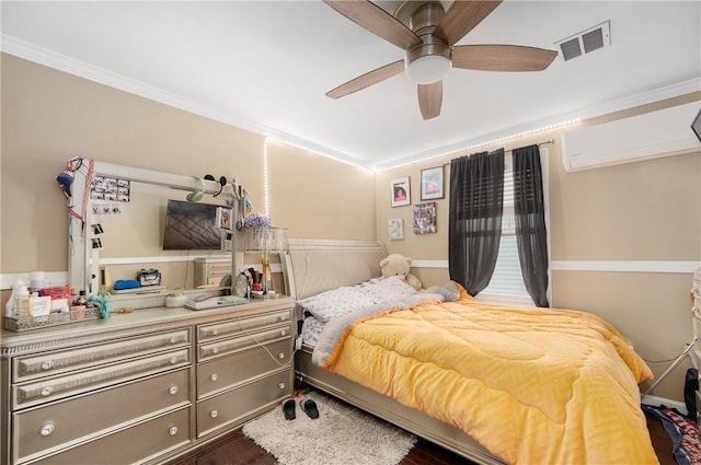 bedroom featuring a ceiling fan, dark wood-style flooring, visible vents, and crown molding