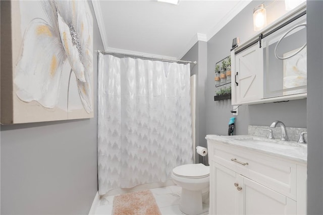 full bathroom with marble finish floor, ornamental molding, vanity, and toilet