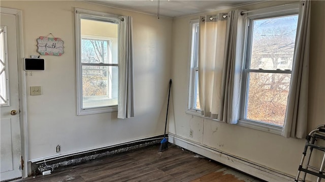 empty room featuring dark wood-style floors and baseboard heating