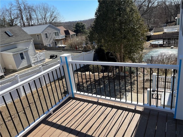 wooden terrace with a fenced backyard and a residential view