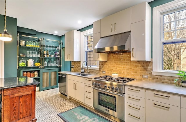 kitchen with under cabinet range hood, a sink, high end range, tasteful backsplash, and pendant lighting