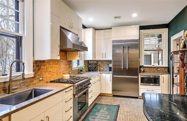 kitchen with visible vents, built in appliances, a sink, under cabinet range hood, and backsplash