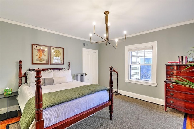 bedroom featuring ornamental molding, radiator, visible vents, and baseboards