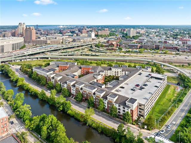 aerial view with a view of city and a water view