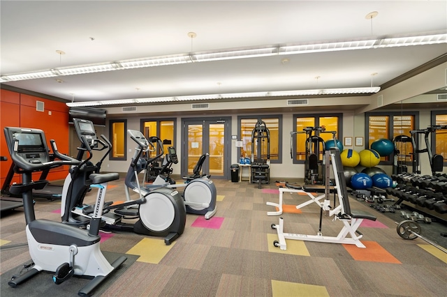 workout area featuring french doors and visible vents