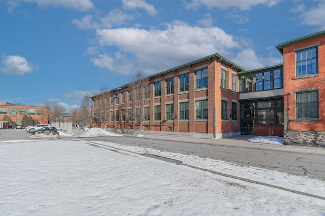 view of snow covered building