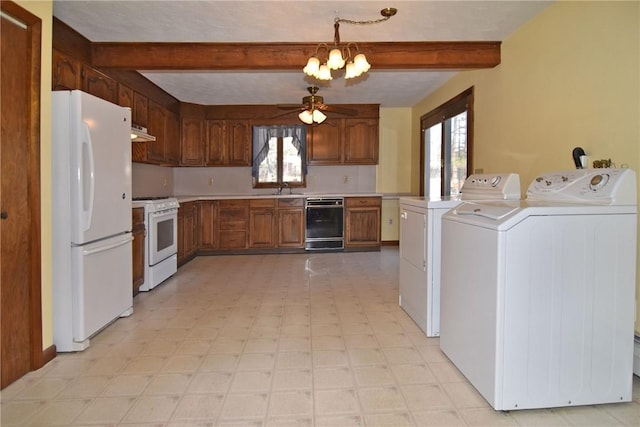 kitchen featuring beamed ceiling, a sink, white appliances, separate washer and dryer, and light countertops