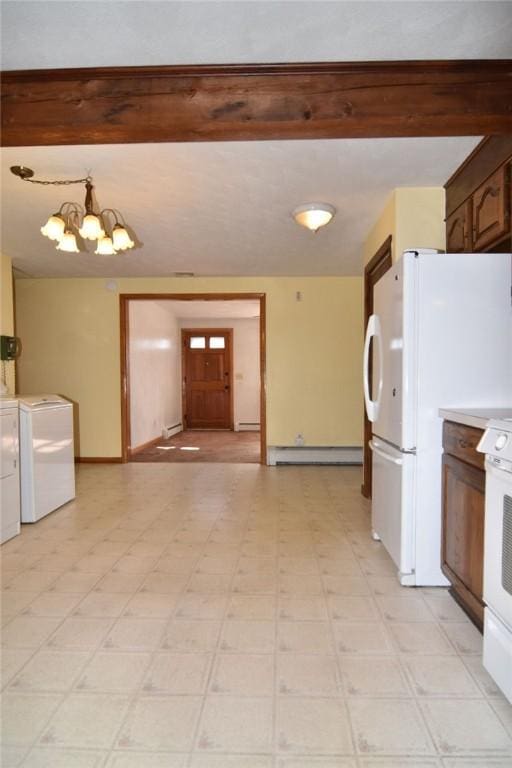 kitchen with beam ceiling, a baseboard heating unit, white appliances, light floors, and a chandelier