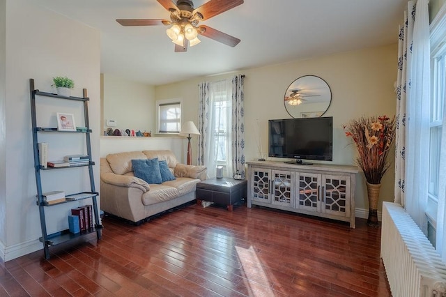 living area featuring radiator, wood-type flooring, and a ceiling fan