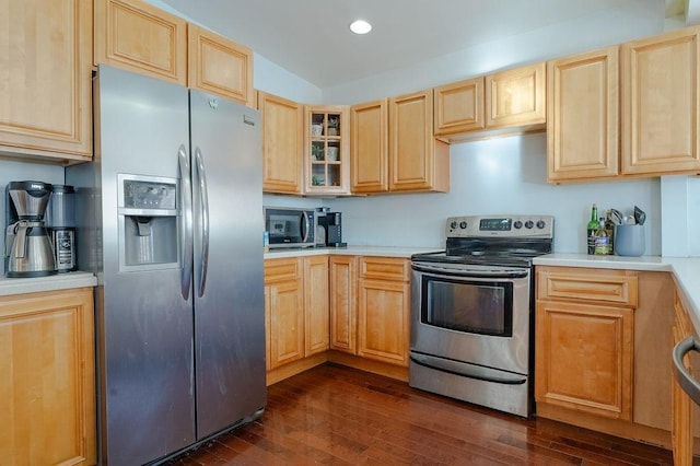 kitchen with light countertops, appliances with stainless steel finishes, dark wood-style flooring, and light brown cabinets