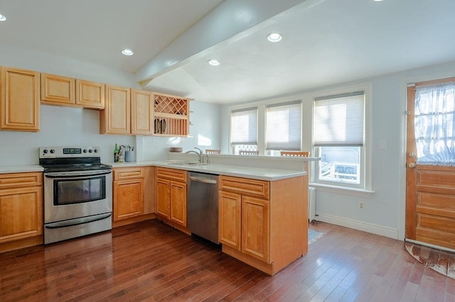 kitchen with a peninsula, dark wood-style flooring, a sink, light countertops, and appliances with stainless steel finishes