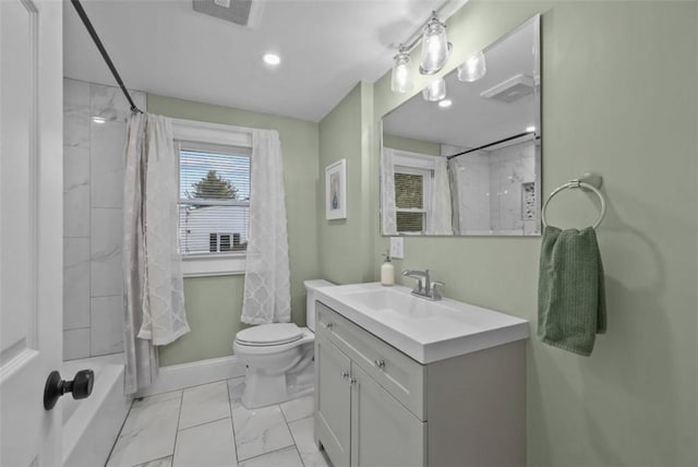 full bathroom with toilet, vanity, visible vents, baseboards, and marble finish floor