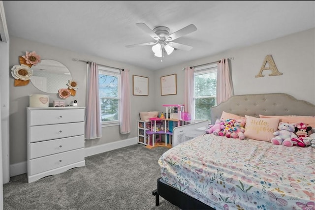 bedroom with carpet floors, ceiling fan, and baseboards