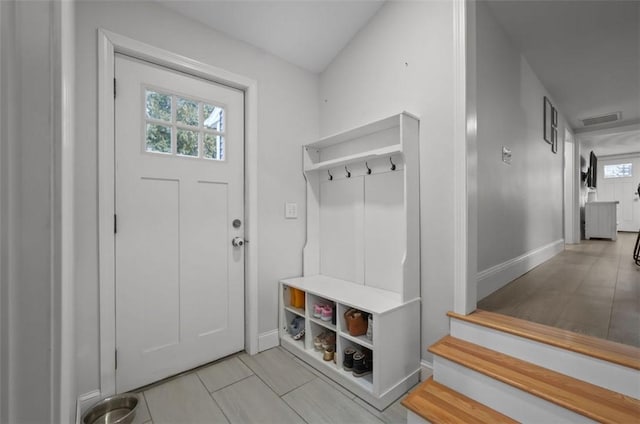 mudroom with visible vents and baseboards