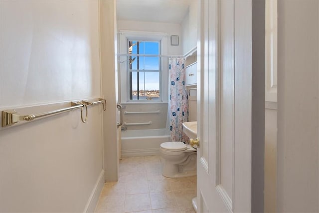 full bathroom with toilet, shower / tub combo, and tile patterned flooring